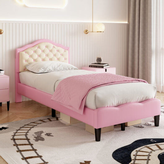 3ft Single Upholstered bed, PU Faux Leather Bed Frame with Solid Wood Slat, No Box Spring Needed, Easy Assembly, Pink+Beige (No Mattress)