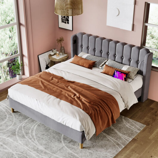 Grey Linen Upholstered Double Bed Frame with USB & Type-C Charging - 4ft6 Wooden Slatted Base, 135x190cm Modern Bed for Teenager & Guest Room (No