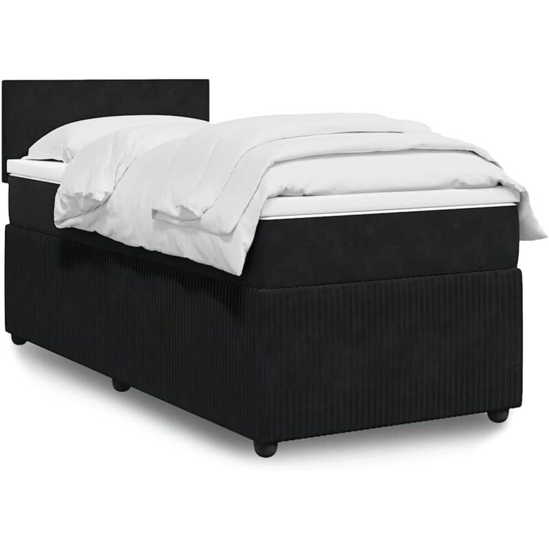 Upholstered bed base with mattress and topper, velvet, 90 x 200 cm, black, minimalist design, headboard