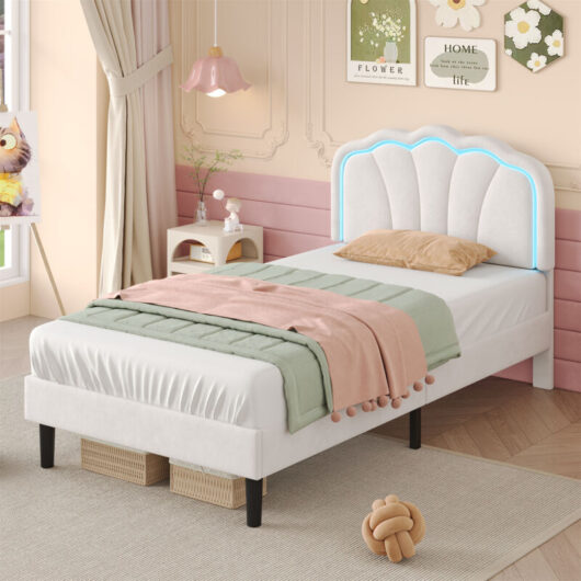 3ft Single Upholstered Bed with LED Adjustable Shell Headboard - Velvet Bed Frame, Solid Wood Slats, No Box Spring Needed, Easy Assembly (Mattress