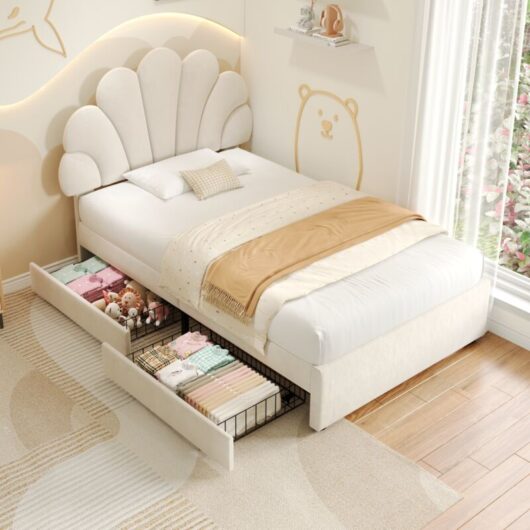 3ft Single Upholstered Storage Bed with Adjustable Petal Headboard - Velvet Bed Frame, 2 Drawers, Solid Wood Slats, No Box Spring, Easy Assembly, No