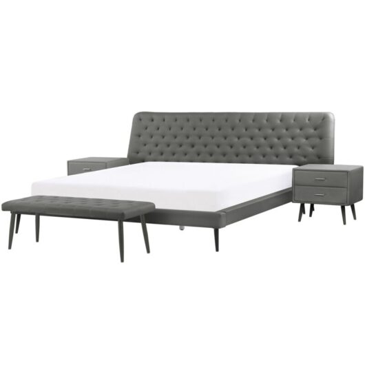 Bedroom Set Faux Leather ESSONNE 160 x 200 cm (EU King Size) Grey