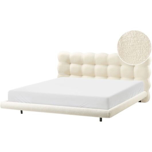 Beliani - Boucle Bed Frame with Tufted Headboard eu Super King Size 6ft Slatted Base Metal Legs Off-White Soulisse