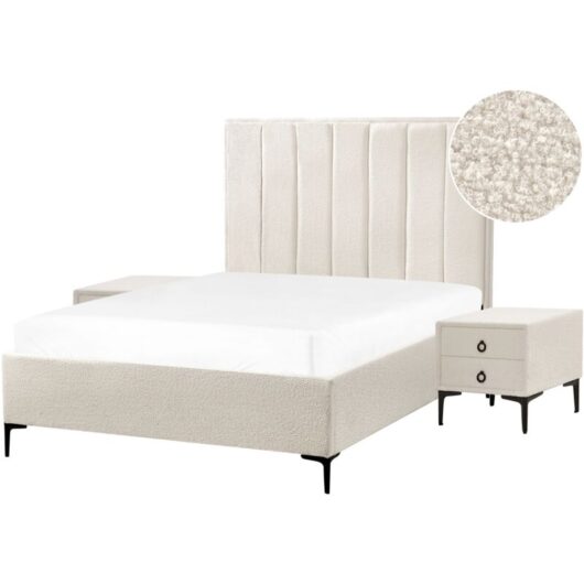 Beliani - Modern Bedroom Set eu Double 4ft6 Bed Bedside Tables Off-White Boucle Sezanne