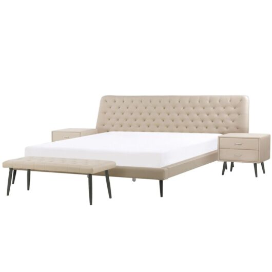 Beliani - Modern Bedroom Set eu King Size 5ft3 Bed 2 Bedside Tables Bed Bench Beige Essonne