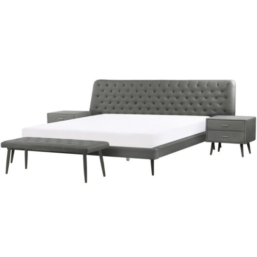 Beliani - Modern Bedroom Set eu Super King Size 6ft Bed 2 Bedside Tables Bed Bench Grey Essonne