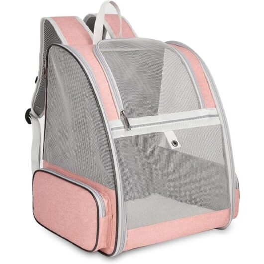 Dog Cat Carrier Bag, Foldable Breathable Mesh Pet Backpack with Metal Structure, Dog Transport Bag with Removable Plush Mattress, up to 7.5 kg, Pink