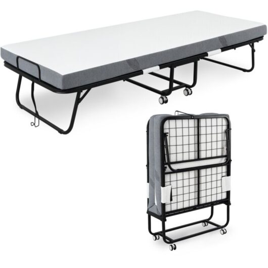 HOMCOM Folding Bed with 10cm Mattress, Portable Foldable Guest Bed with Wheels