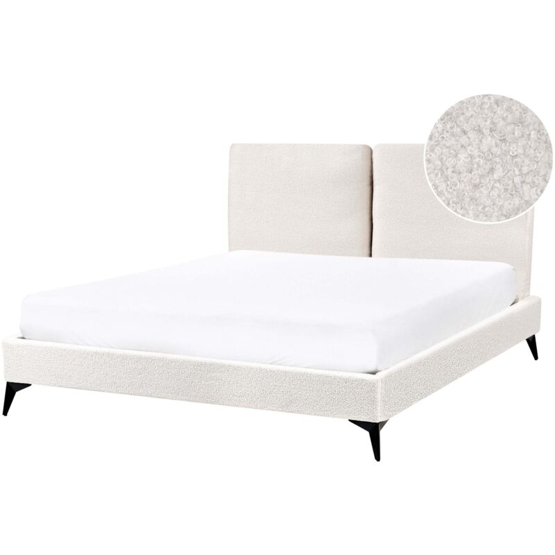 Modern Boucle Upholstered eu Double Size Bed Frame 4ft6 Off White Slatted Base Melle