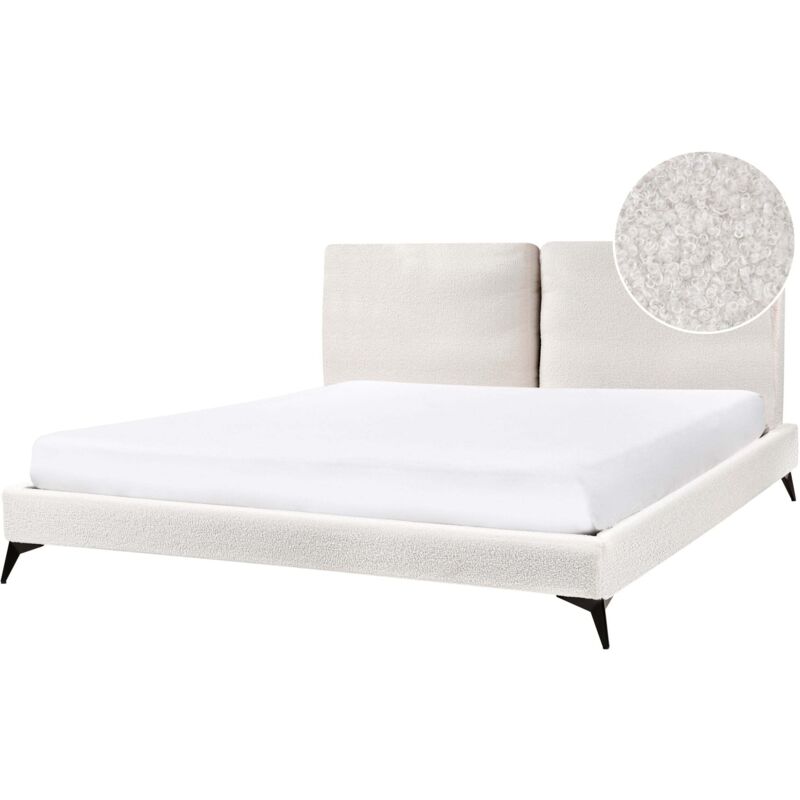 Modern Boucle Upholstered eu Super King Size Bed Frame 6ft Off White Slatted Base Melle