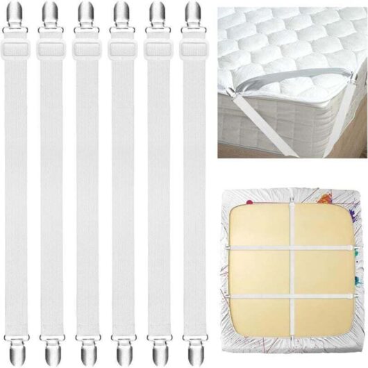 Set of 6 adjustable elastic sheet clips, 250 cm, with metal clips for fitted sheets, mattresses, ironing boards and sofas, wrinkle-free, white