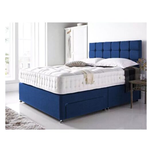 Sr Living Ltd - 4FT Blue Linen Divan Bed Set With memory foam spring mattress 10" Headboard 20" & 2 Drawers