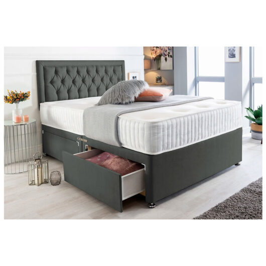 Sr Living Ltd - 4FT6 Double Dark Grey Linen Divan Bedset with Buttoned Strurt 20 inche Headboard & 10iches Spring Memory Foam Mattress 2 drawers