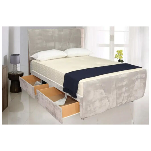 Sr Living Ltd - 4FT6 Double Light grey Crushed Velvet Divan Bed Set With 20 inches Heaboard Foot Board and 10 inches Mattress