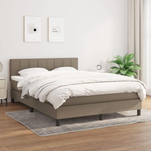 Upholstered bed base with mattress, integrated mattress, checkered mattress topper, 140 x 200 cm, taupe