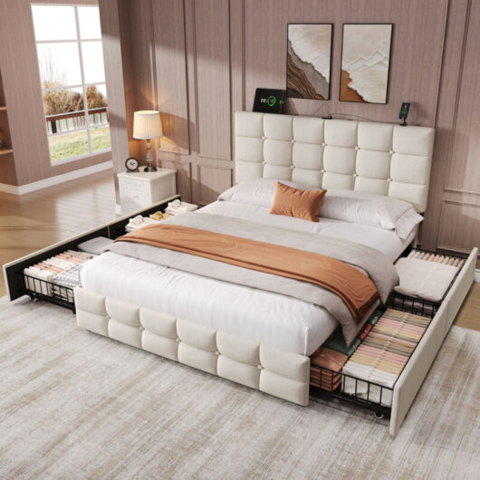 Abrihome - 4ft6 Double Upholstered Bed with 4 Storage Drawers, Velvet Bed Frame with Charging Station Adjustable Button Tufted Headboard with usb and