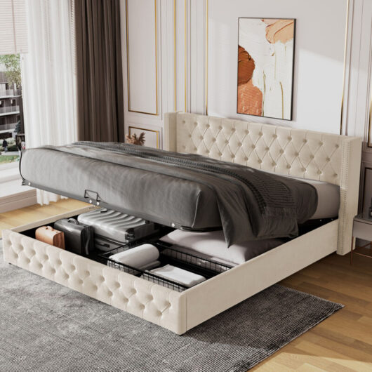 Abrihome - Upholstered Bed with Hydraulic Lever, Functional Bed from Storage, without Mattress, Velvet, Beige, 135 x 190 cm