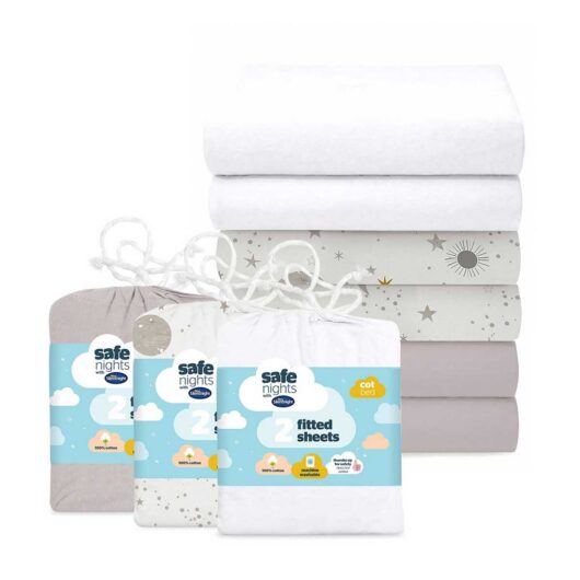Silentnight Safe Nights Fitted Sheet Bundle - Grey/celestial & White