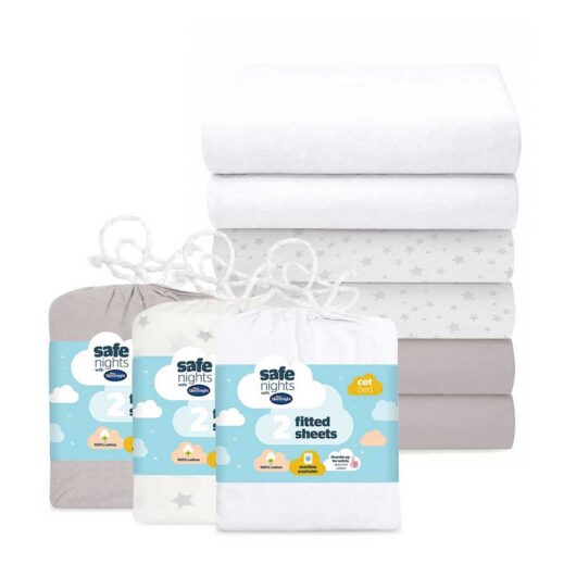 Silentnight Safe Nights Fitted Sheet Bundle - Grey/grey Star & White