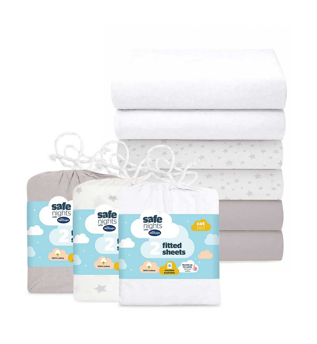 Silentnight Safe Nights Fitted Sheet Bundle - Grey/grey Star & White