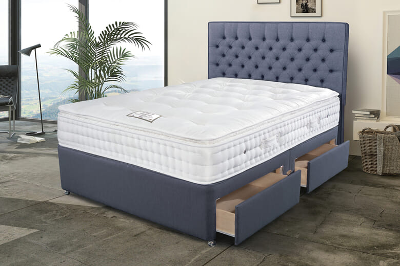 Sleepeezee Opulent Wool Pillow Top Mattress + Premium Divan Bed, Teal, 4 Drawer, King Size